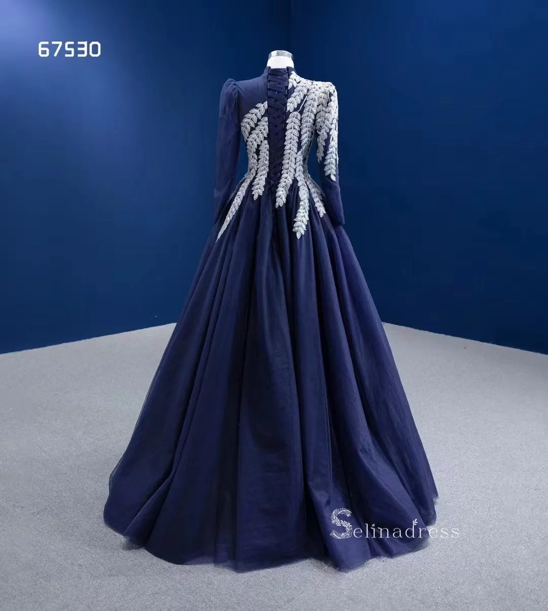 Dark Navy High Neck Ball Gown Modest Long Sleeve Formal Dresses RSM67530