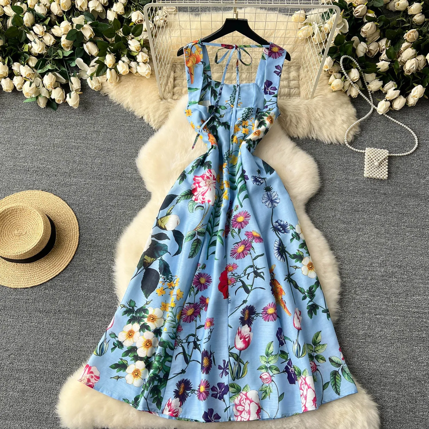 Delicate Floral Printed Vest Dress