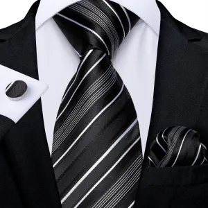 DiBanGu Mens Suit Tie Black White Stripe Men's Tie Pocket Square Cufflinks Set