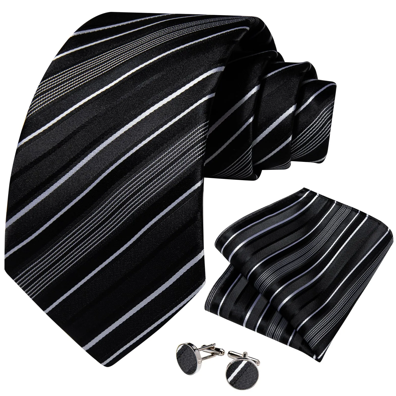 DiBanGu Mens Suit Tie Black White Stripe Men's Tie Pocket Square Cufflinks Set