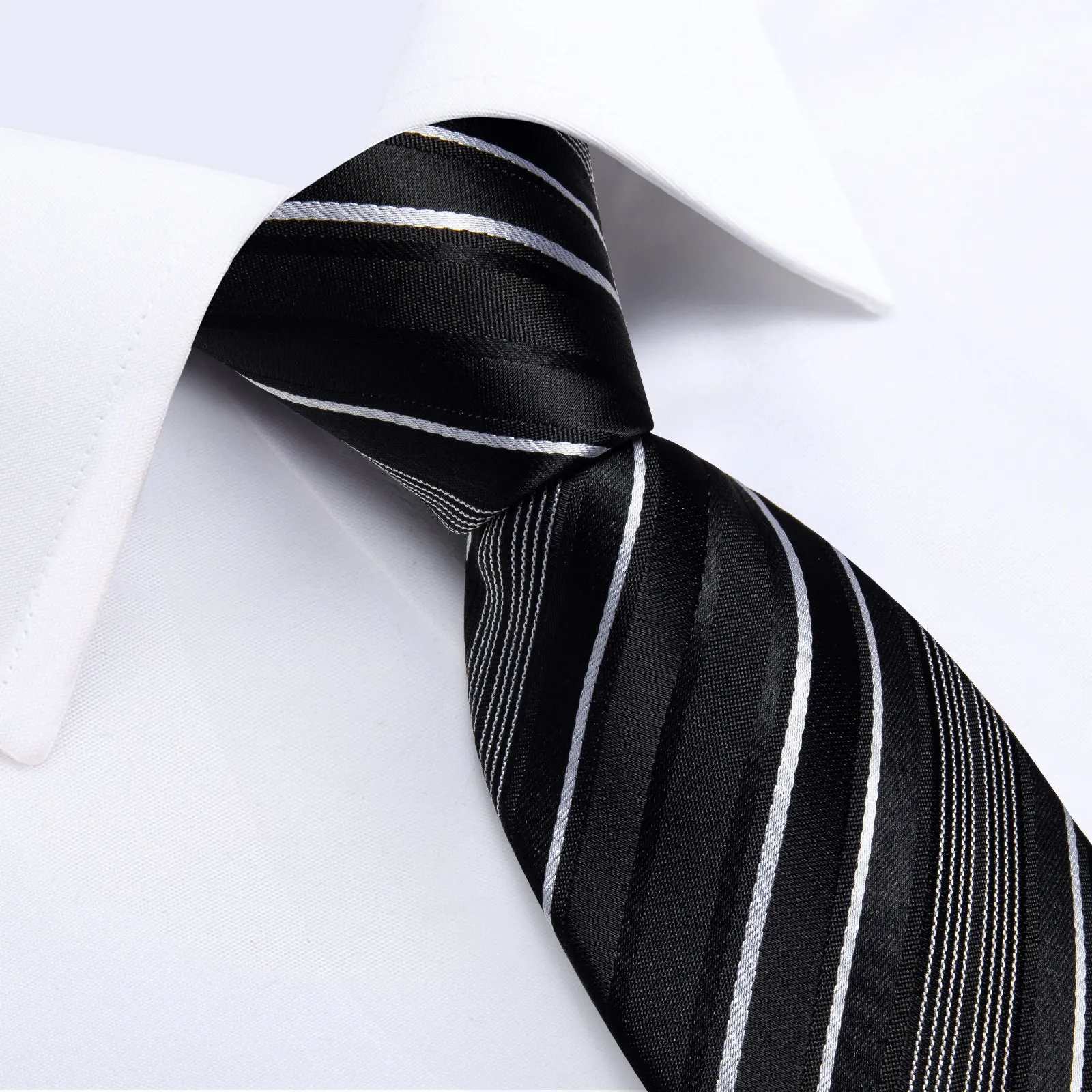DiBanGu Mens Suit Tie Black White Stripe Men's Tie Pocket Square Cufflinks Set