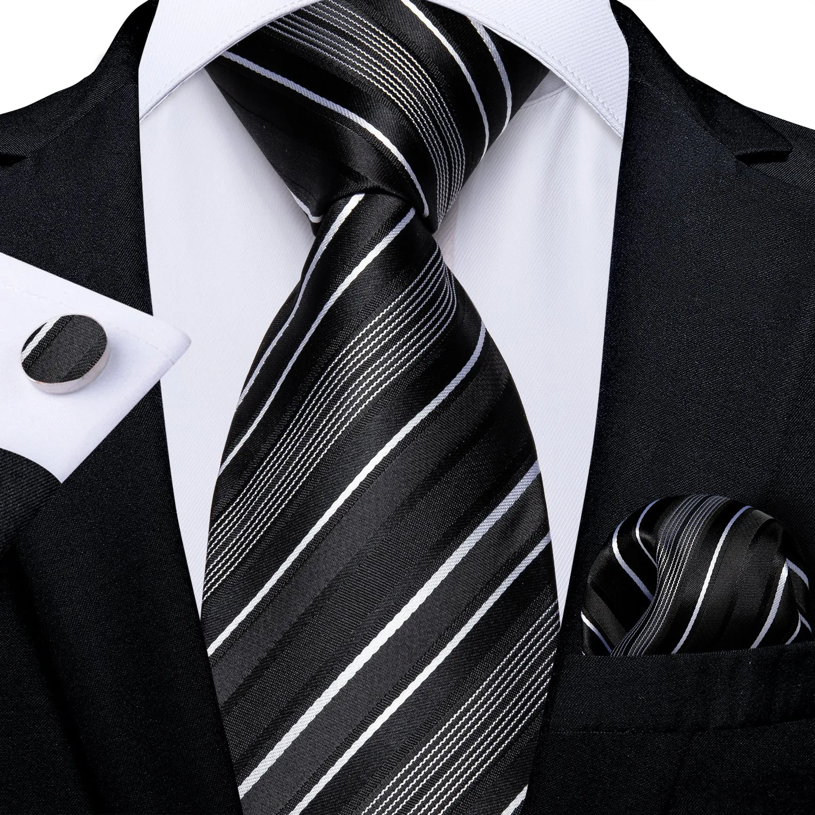 DiBanGu Mens Suit Tie Black White Stripe Men's Tie Pocket Square Cufflinks Set