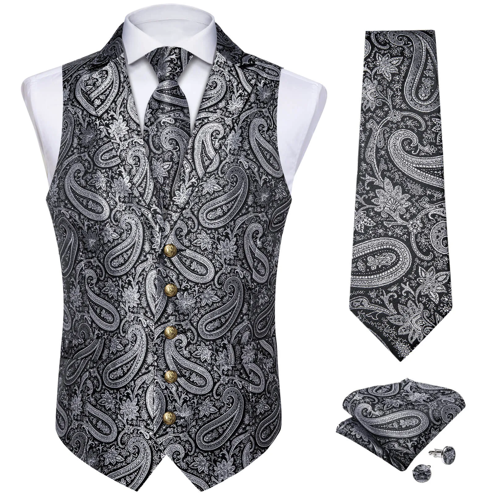 DiBanGu Men's Vest Silver Grey Paisley Silk Waistcoat Suit Vest Tie Set