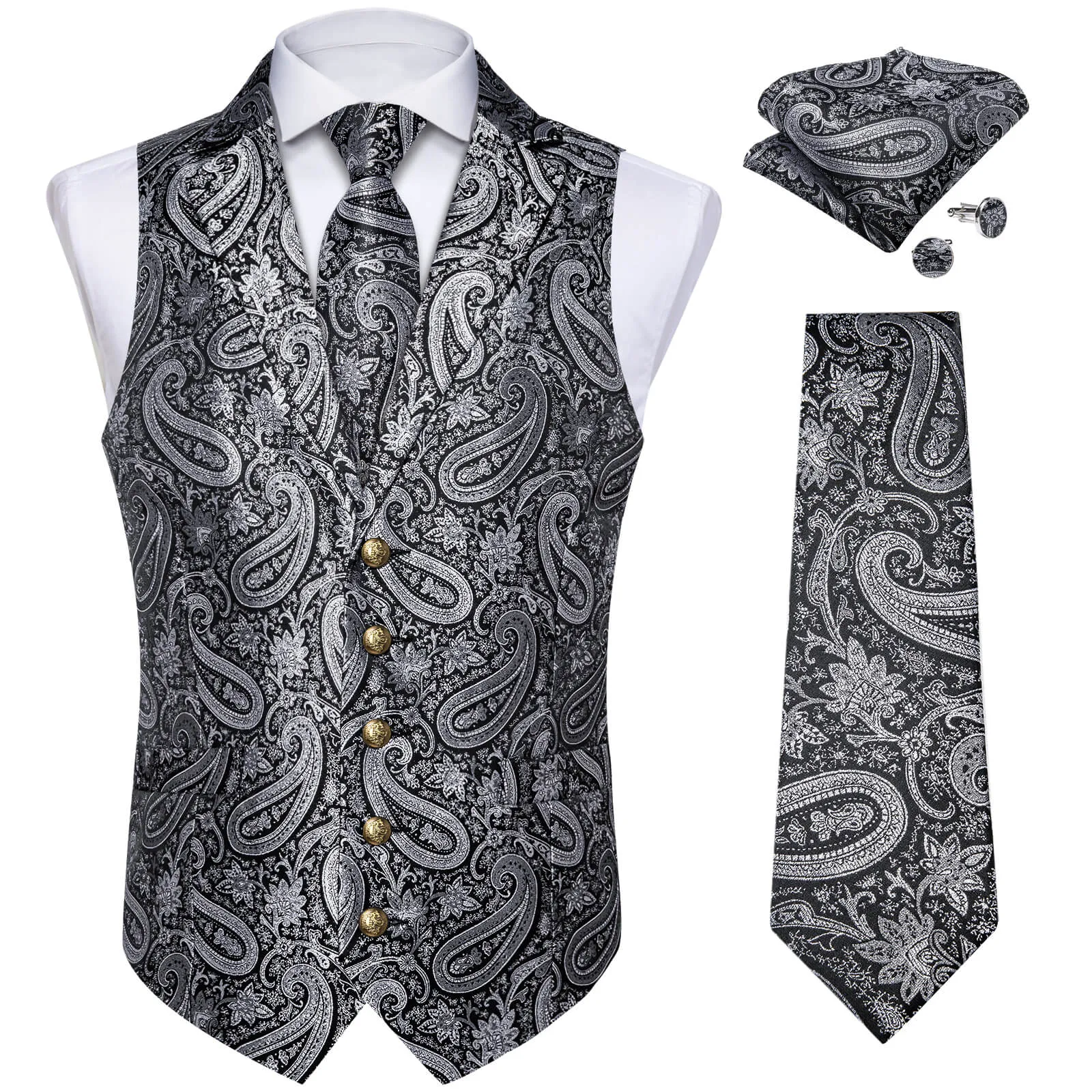 DiBanGu Men's Vest Silver Grey Paisley Silk Waistcoat Suit Vest Tie Set