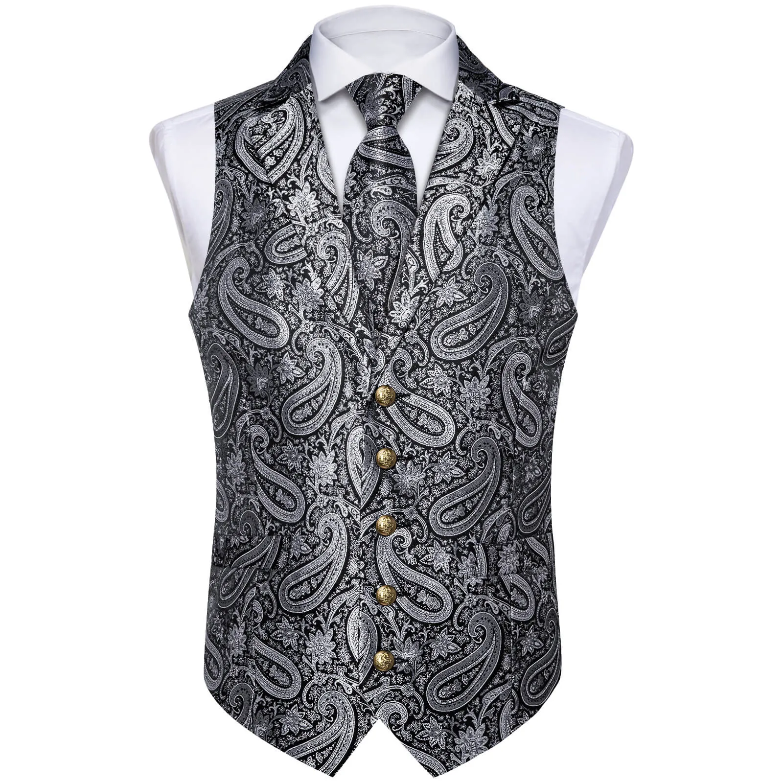 DiBanGu Men's Vest Silver Grey Paisley Silk Waistcoat Suit Vest Tie Set