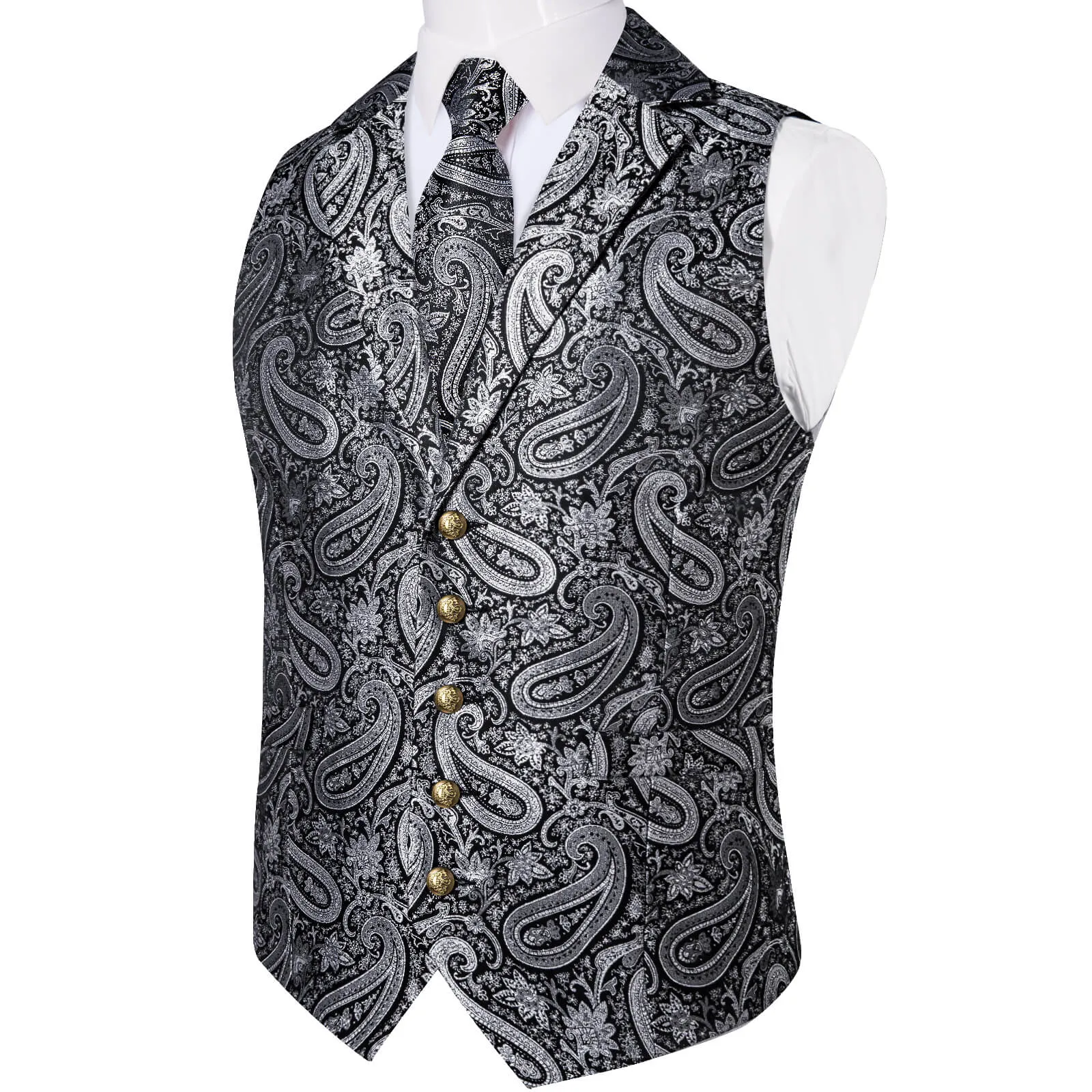 DiBanGu Men's Vest Silver Grey Paisley Silk Waistcoat Suit Vest Tie Set
