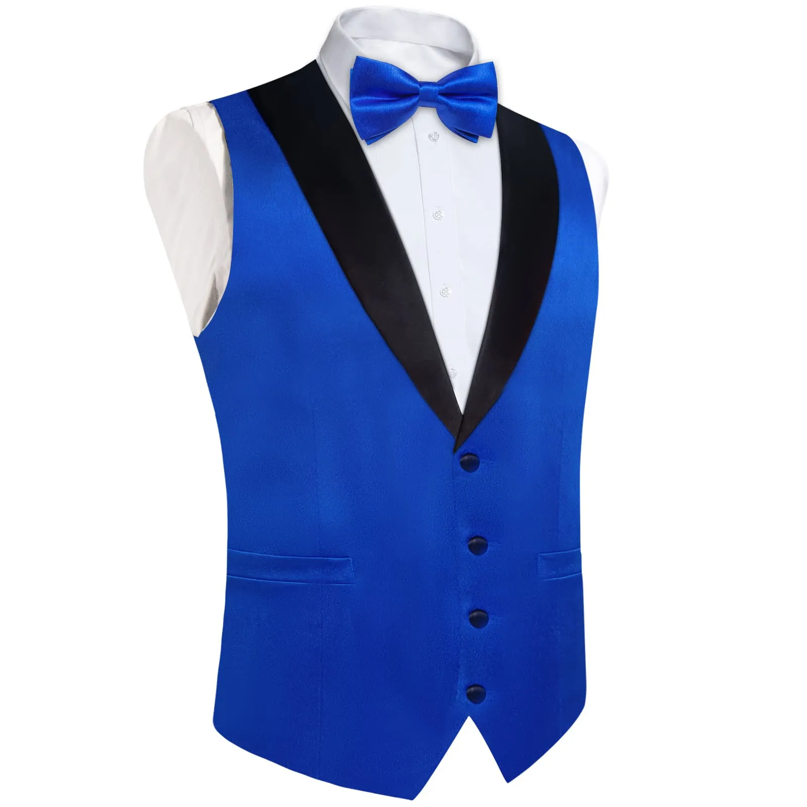 DiBanGu Tuxedo Vest Royal Azure Blue Solid Silk Mens Button Up Vest and Bow Tie Set