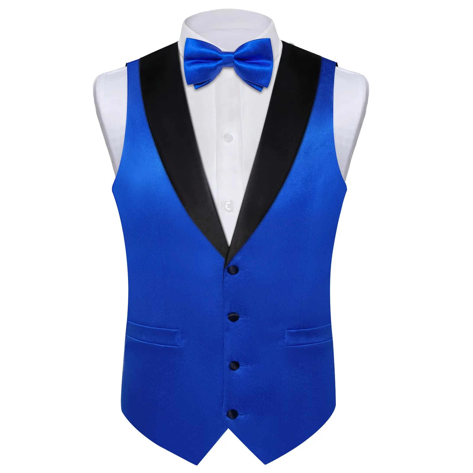DiBanGu Tuxedo Vest Royal Azure Blue Solid Silk Mens Button Up Vest and Bow Tie Set