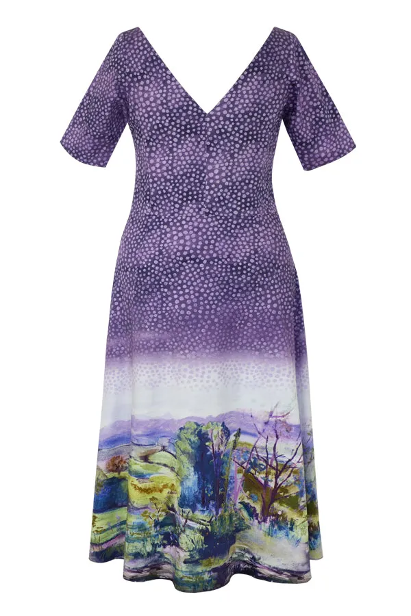 Dora Landscape Border Mauve Stretch Cotton A-Line Dress