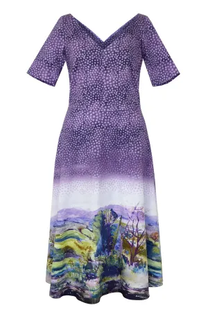 Dora Landscape Border Mauve Stretch Cotton A-Line Dress
