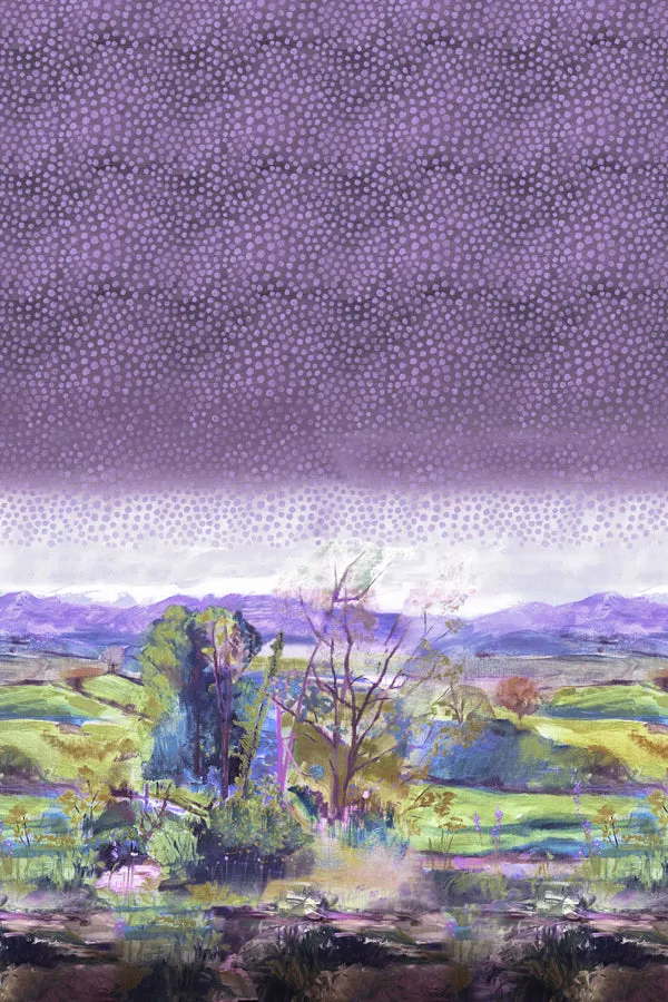 Dora Landscape Border Mauve Stretch Cotton A-Line Dress