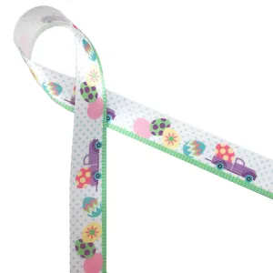 Egg Truck ribbon in Lavender with Easter eggs on a polka dot background printed on 7/8" white single face satin ribbon