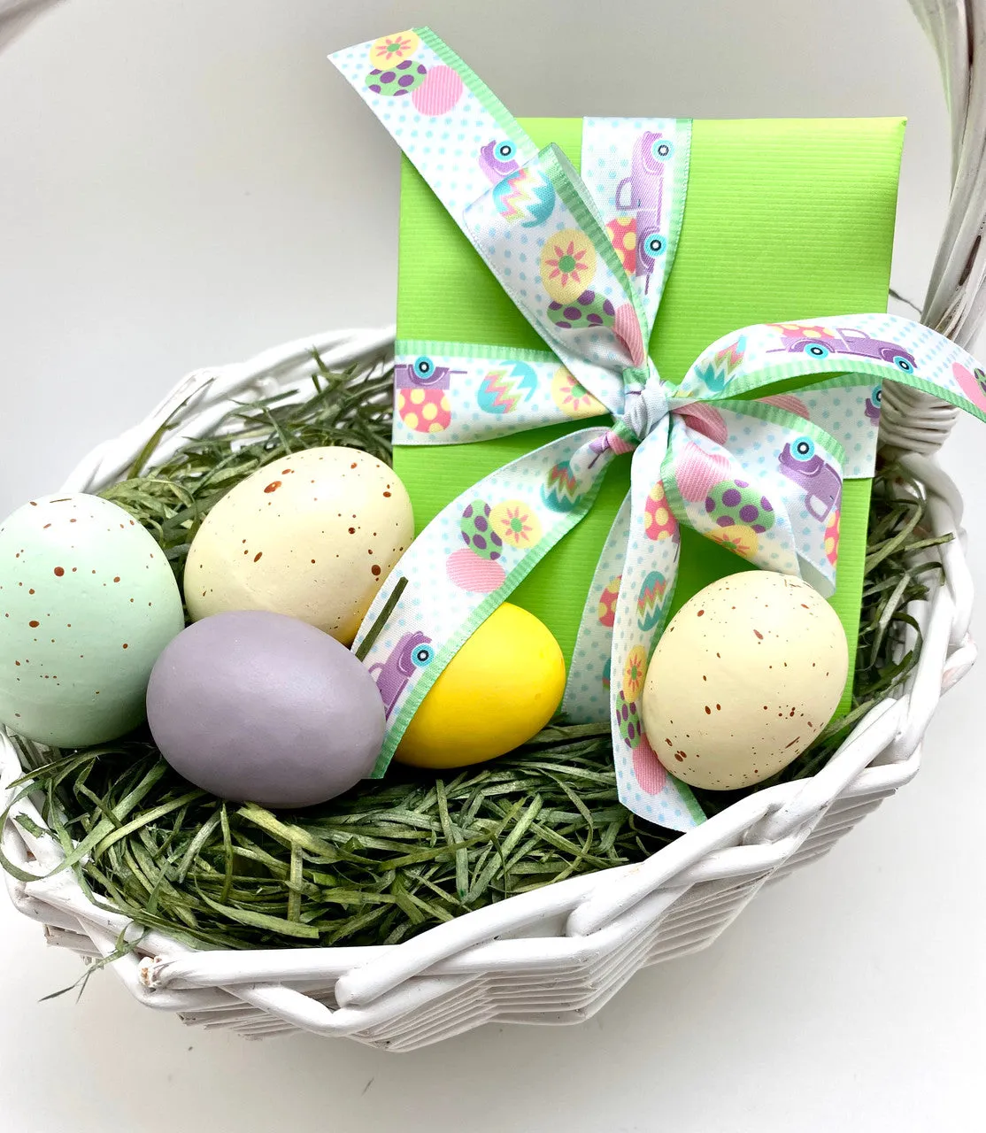 Egg Truck ribbon in Lavender with Easter eggs on a polka dot background printed on 7/8" white single face satin ribbon