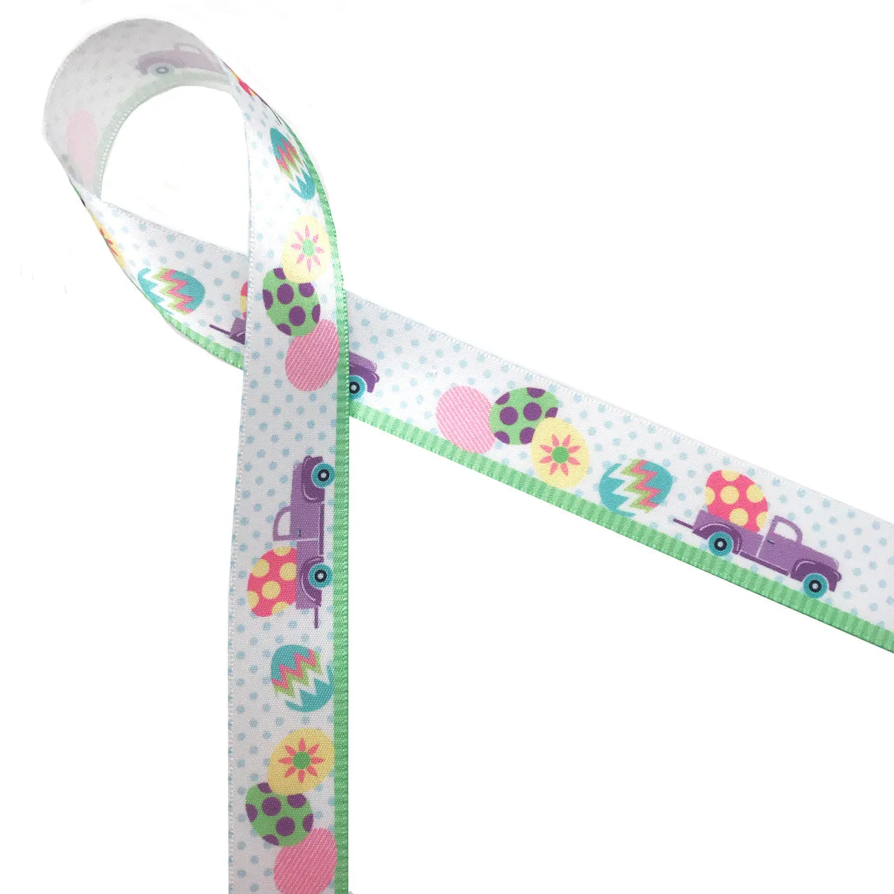 Egg Truck ribbon in Lavender with Easter eggs on a polka dot background printed on 7/8" white single face satin ribbon