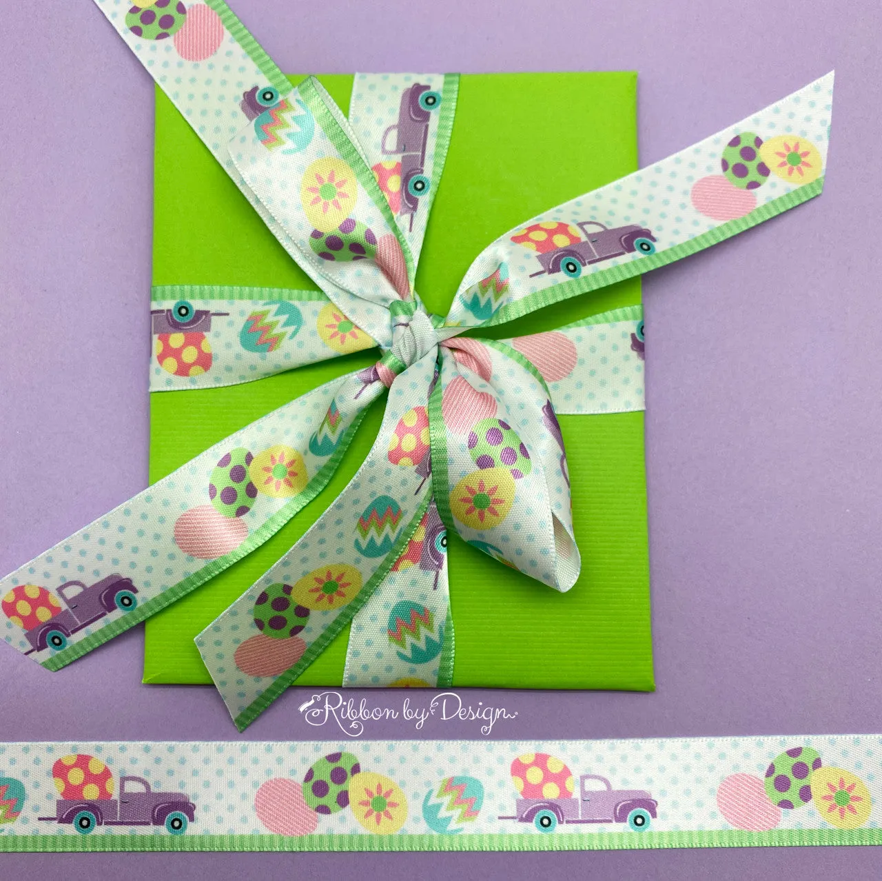 Egg Truck ribbon in Lavender with Easter eggs on a polka dot background printed on 7/8" white single face satin ribbon
