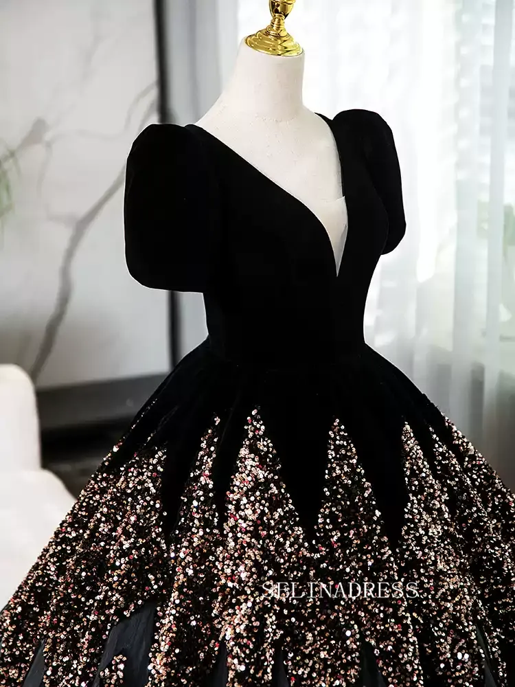 Elegant Black B neck Princess Dresses With Short Sleeve Beautiful Beaded Evening Gowns TKL3020