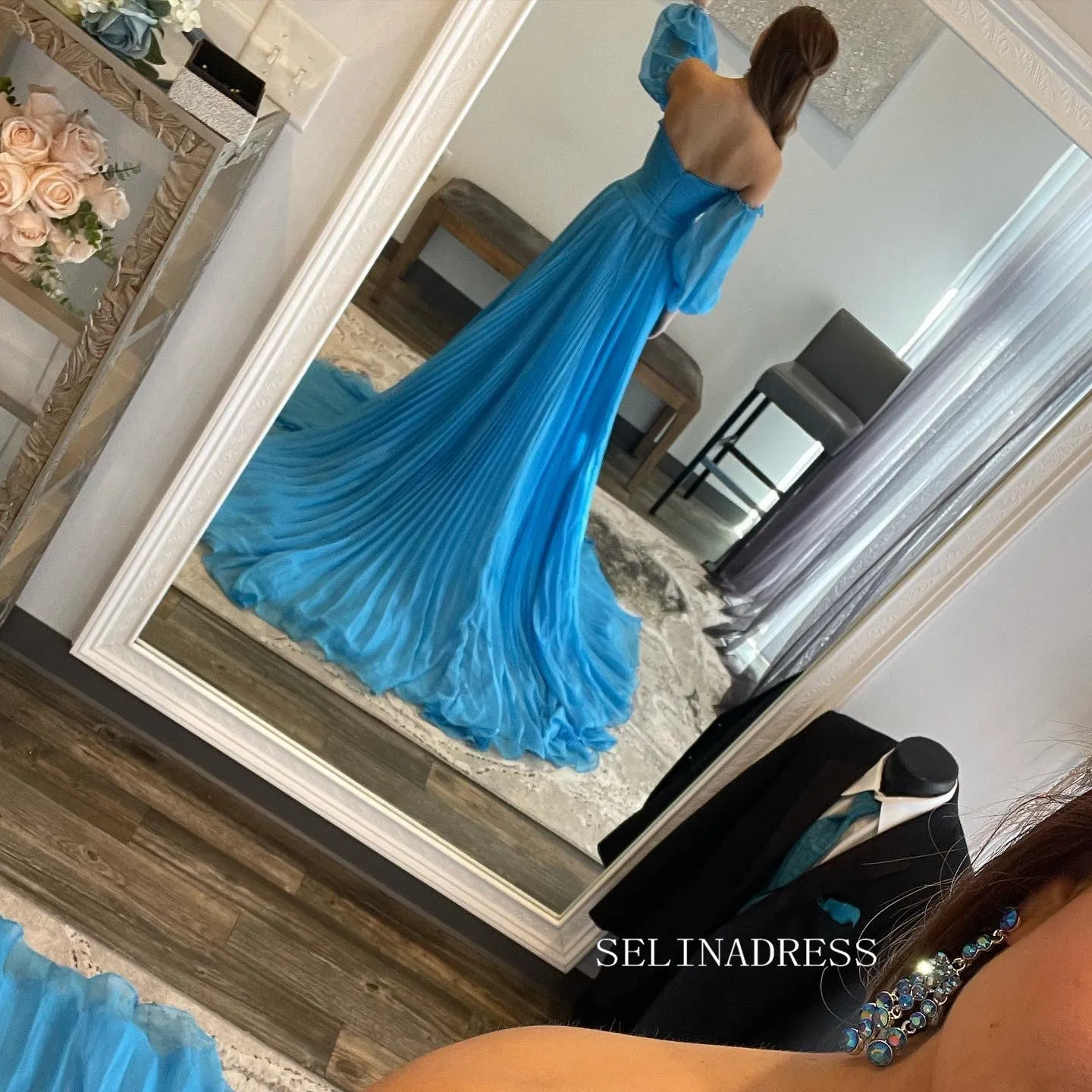 Elegant Puff Sleeve Chiffon Prom Dress Blue Formal Dress Pageant Dress #JKP002