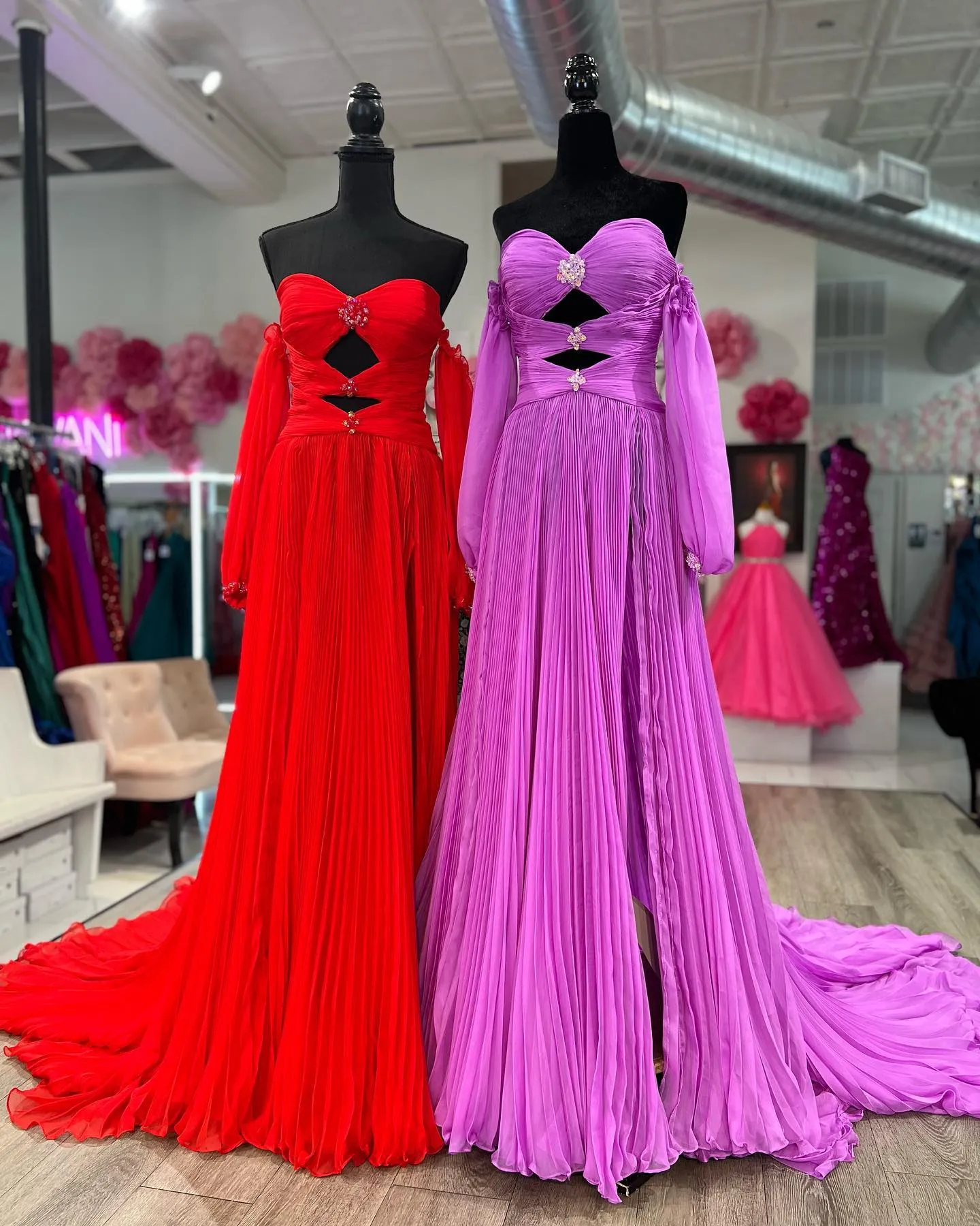 Elegant Puff Sleeve Chiffon Prom Dress Blue Formal Dress Pageant Dress #JKP002