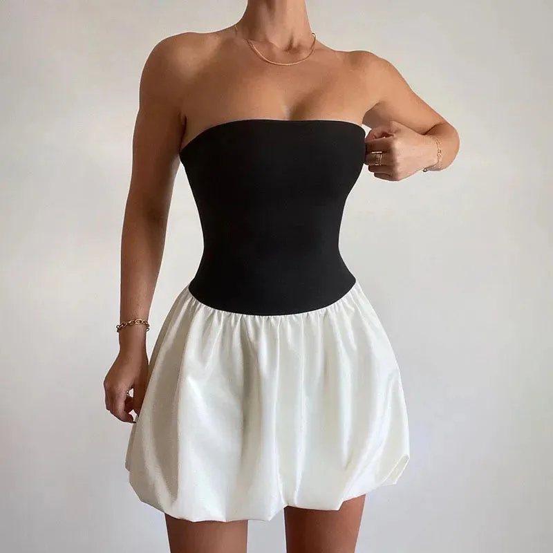 Fashion Contrast Short Slim Mini Color Folds Patchwork Sleeveless Dress