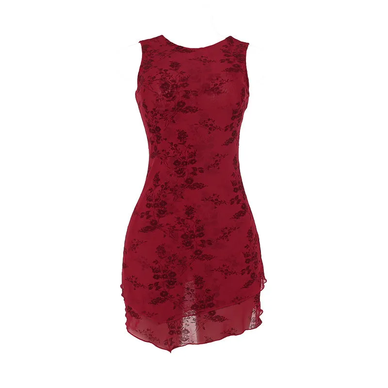 Flytonnshop homecoming dresses Rose Printed Mesh Vest Dress Women's Ins Style New Sexy Backless Slim Skirt
