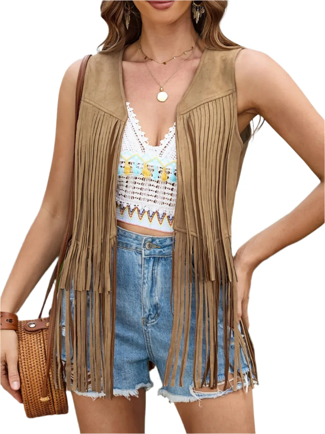 Fringe Open Front Vest Coat