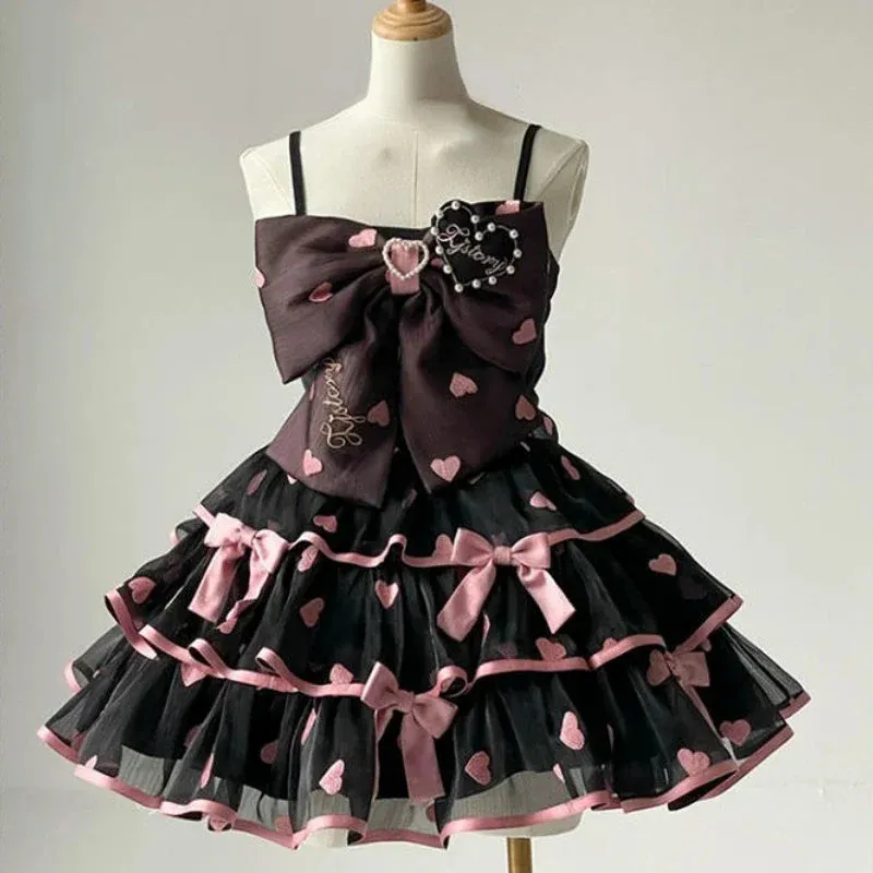 Girlary Japanese Victorian Lolita Dresses Women Gothic Cute Lace Bow Y2k Tank Tops Tiered Love Cake Skirt Suit Kawaii Sweet Lolita Sets