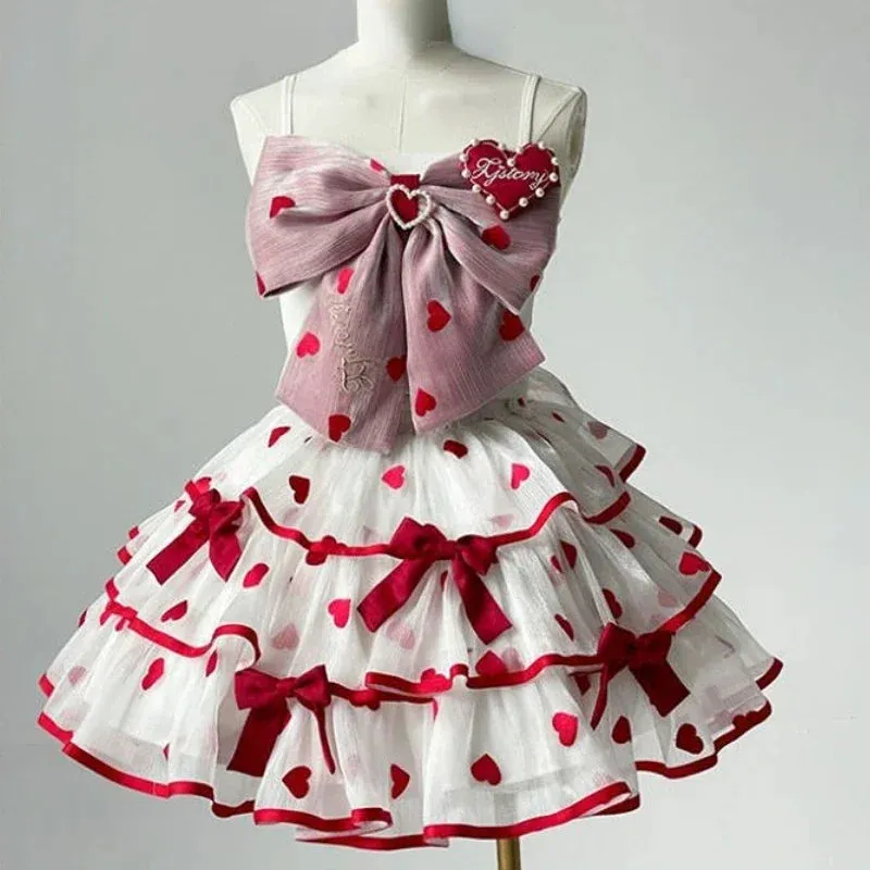 Girlary Japanese Victorian Lolita Dresses Women Gothic Cute Lace Bow Y2k Tank Tops Tiered Love Cake Skirt Suit Kawaii Sweet Lolita Sets