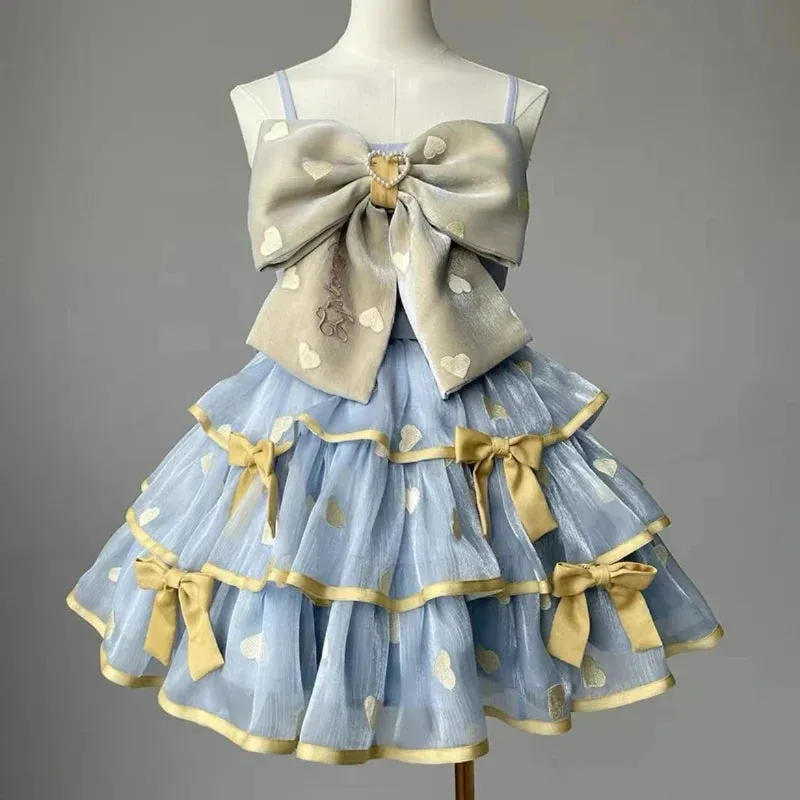 Girlary Japanese Victorian Lolita Dresses Women Gothic Cute Lace Bow Y2k Tank Tops Tiered Love Cake Skirt Suit Kawaii Sweet Lolita Sets
