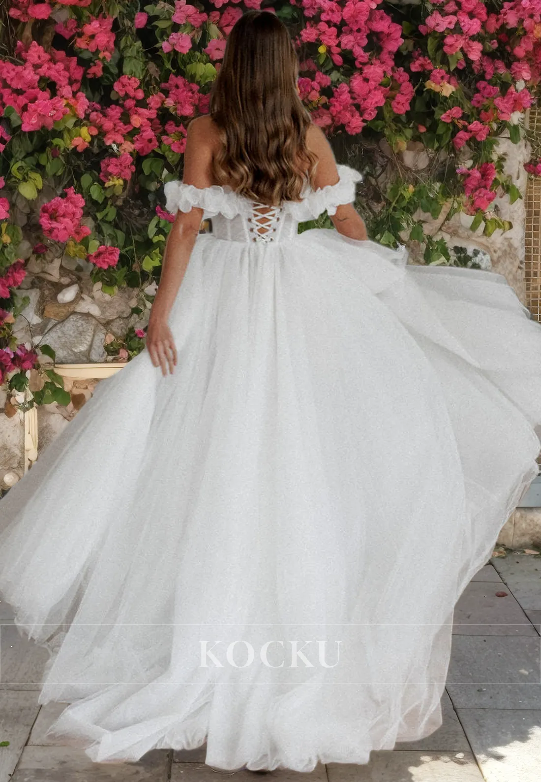 Glamorous & Dramatic Off-Shoulder Flower A-Line Wedding Dress