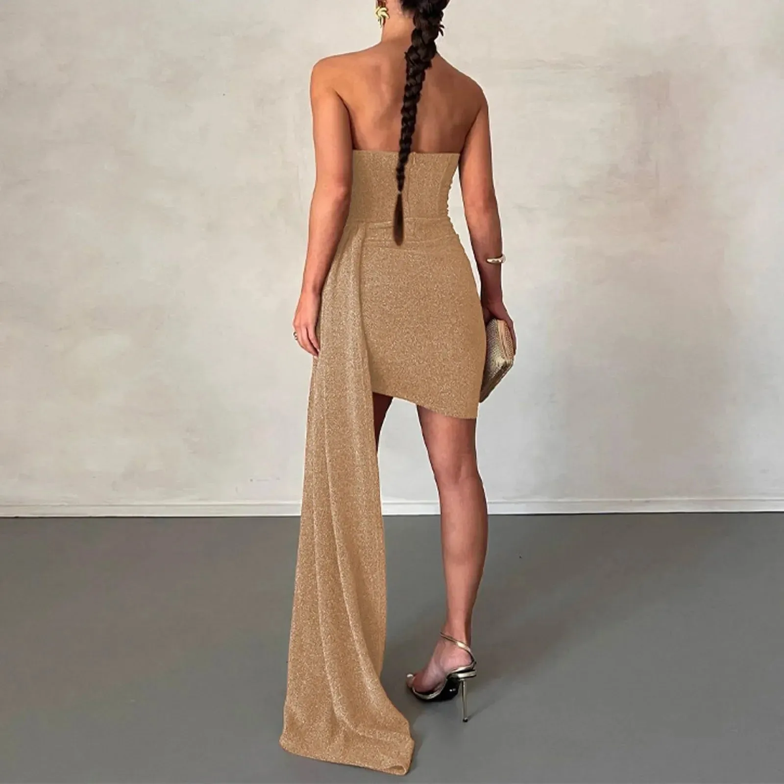 Glittery Sexy Y2K Backless Ruched Sleeveless Casual Elegant Dress