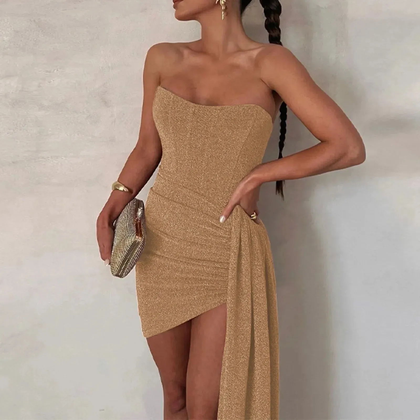 Glittery Sexy Y2K Backless Ruched Sleeveless Casual Elegant Dress