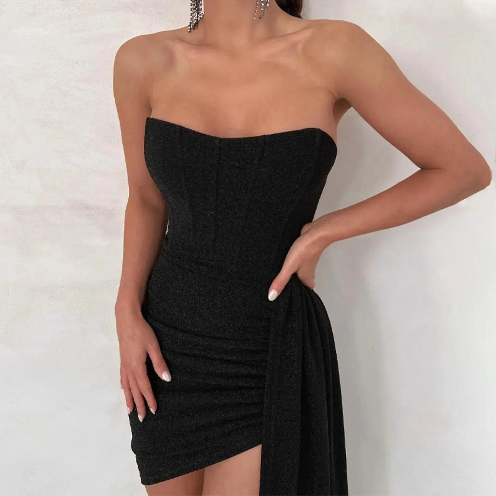 Glittery Sexy Y2K Backless Ruched Sleeveless Casual Elegant Dress