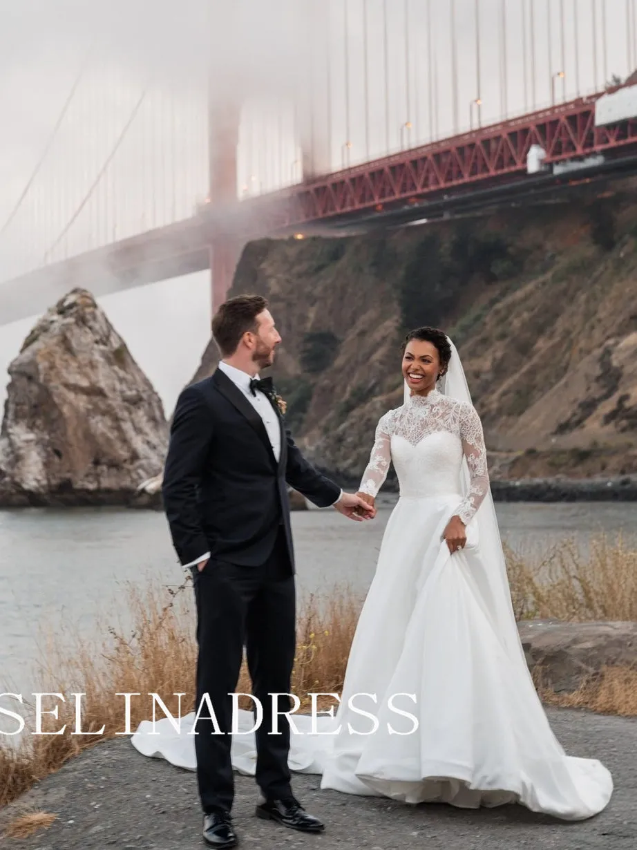 High Neck Long Sleeve Lace Wedding Dresses Vintage Princess Wedding Dress XS001