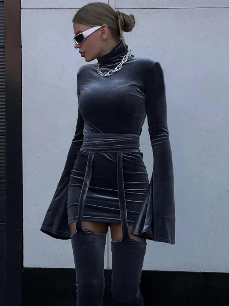 High Waist Sleeve Maxi Flare Women Turtleneck Mini Bodycon Set Dress Dress