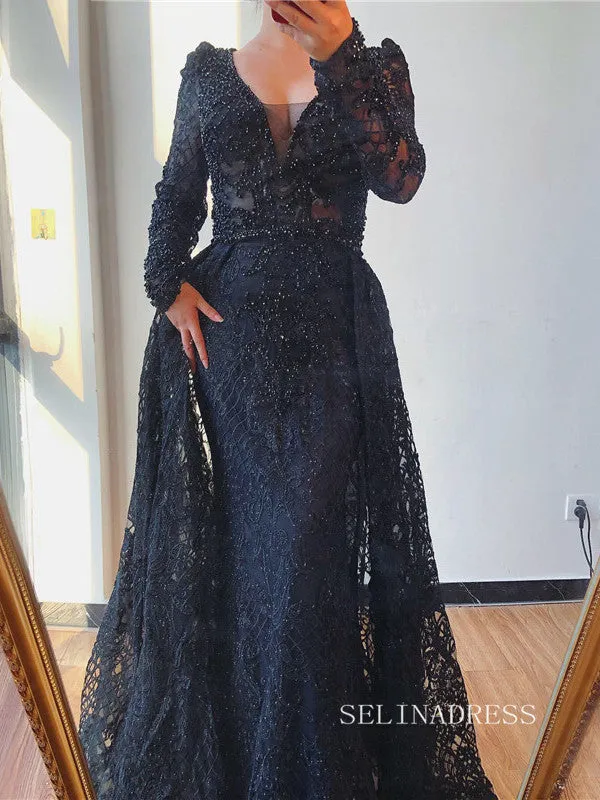 Long Sleeve V neck Burgundy Long Prom Dress Lace Beaded Evening Formal Gown SC031