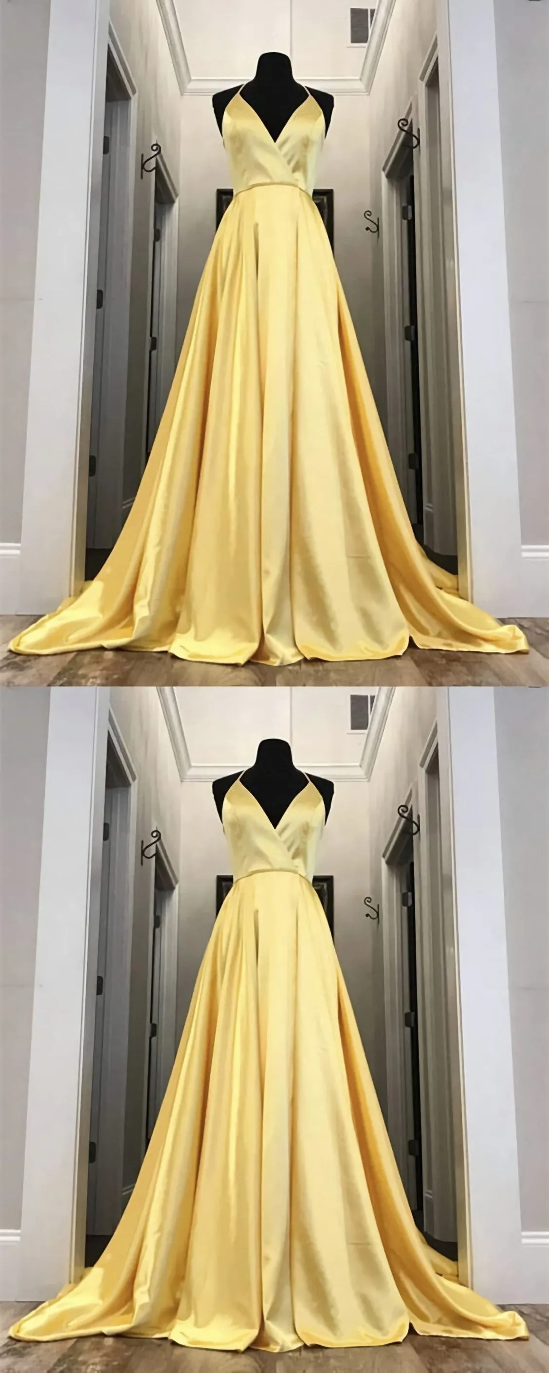 Long Yellow Prom Dresses Leg Split Evening Gowns