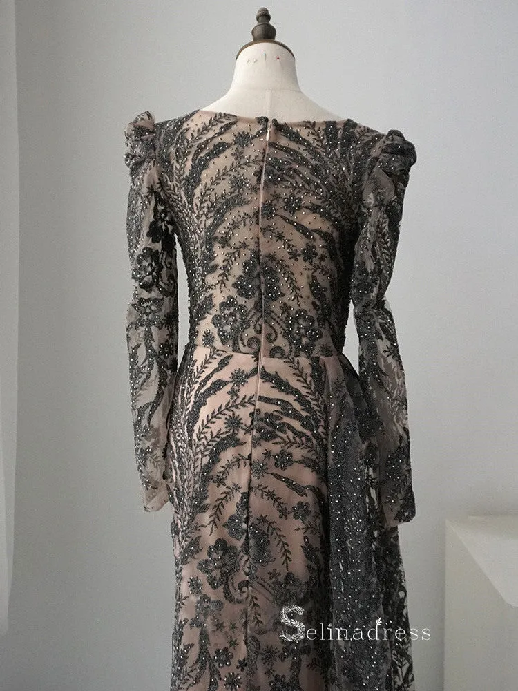 Luxury Sheath/Column Long Sleeve Black Embroidery Beaded Long Prom Dresses Evening Dresses ASB020