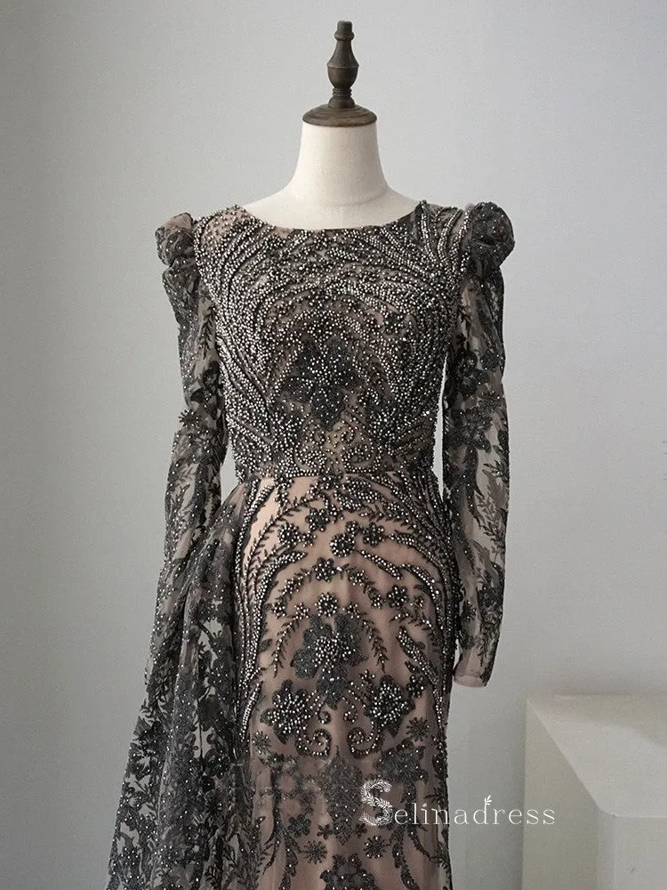 Luxury Sheath/Column Long Sleeve Black Embroidery Beaded Long Prom Dresses Evening Dresses ASB020