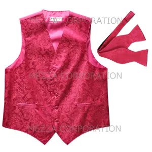 Men's paisley Tuxedo VEST Waistcoat_self tie bowtie hot pink