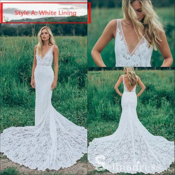 Mermaid Beach Wedding Dresses V-neck Sweep Train Rustic Lace Bridal Gown SEW029