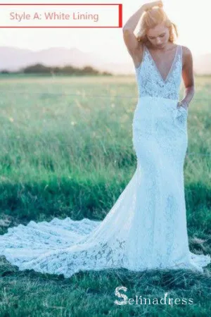 Mermaid Beach Wedding Dresses V-neck Sweep Train Rustic Lace Bridal Gown SEW029