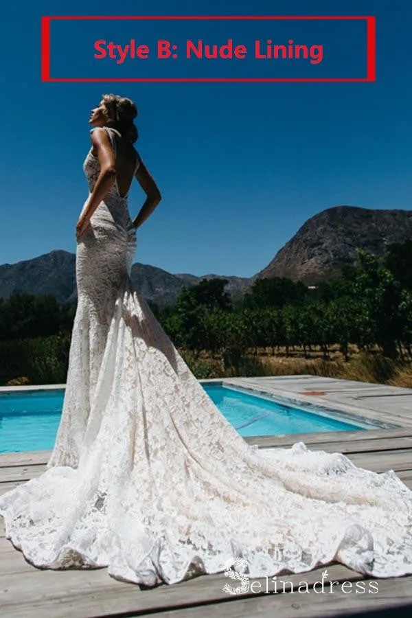 Mermaid Beach Wedding Dresses V-neck Sweep Train Rustic Lace Bridal Gown SEW029