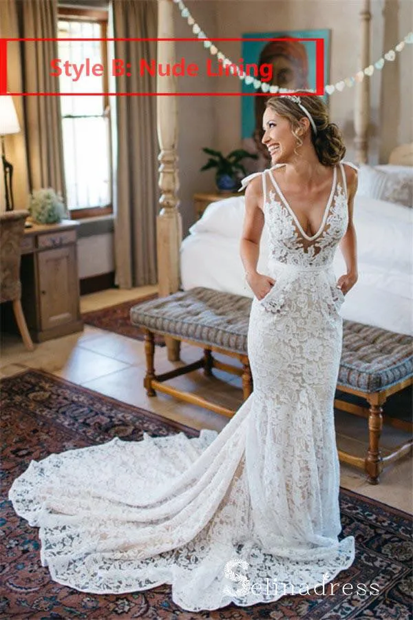 Mermaid Beach Wedding Dresses V-neck Sweep Train Rustic Lace Bridal Gown SEW029