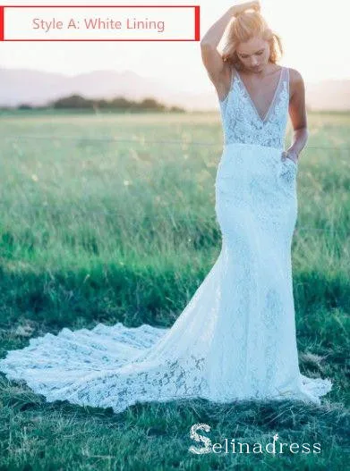 Mermaid Beach Wedding Dresses V-neck Sweep Train Rustic Lace Bridal Gown SEW029