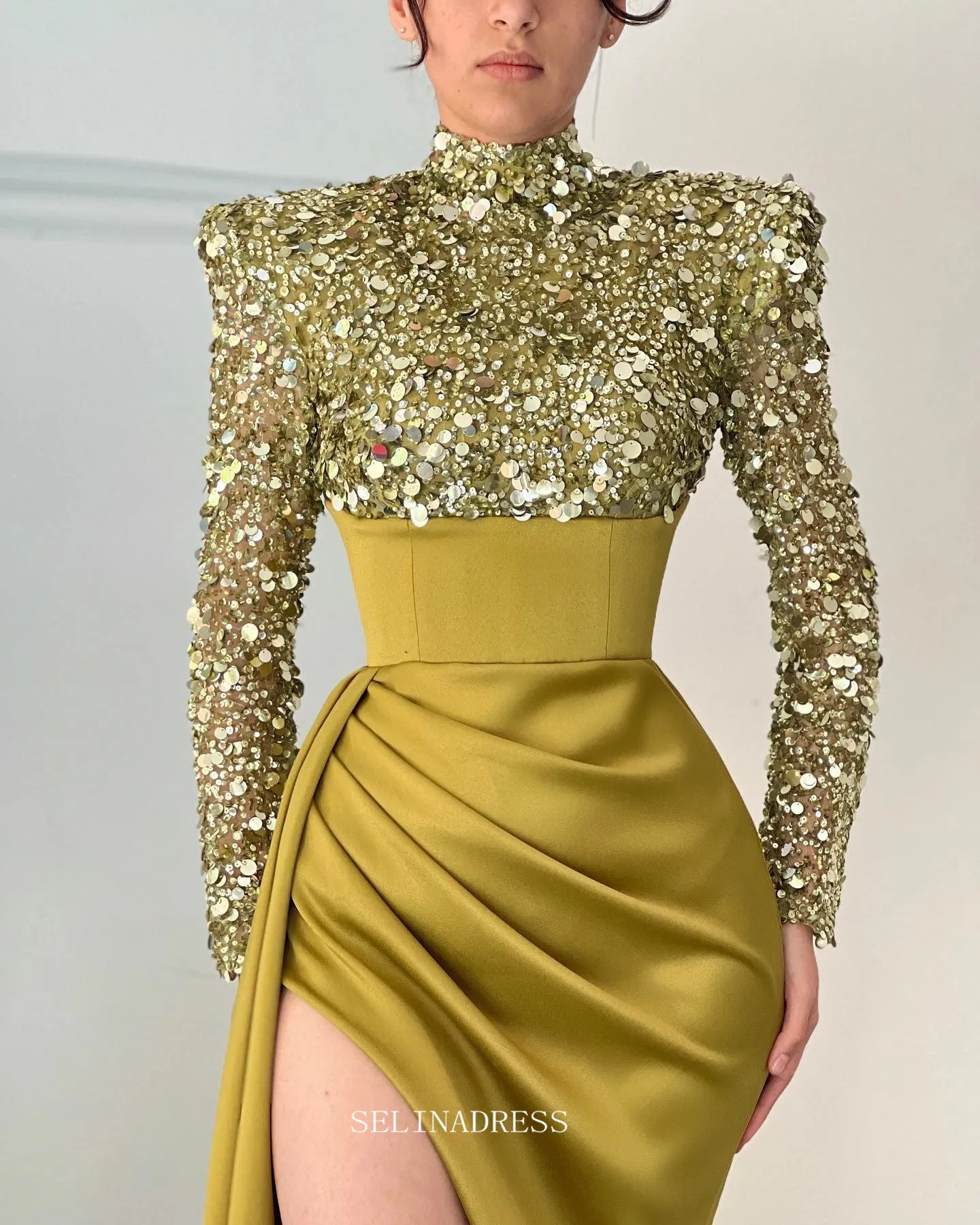 Mermaid High Neck Mustard Yellow African Prom Dress Sequins Long Evening Gowns Formal Dress #POL121