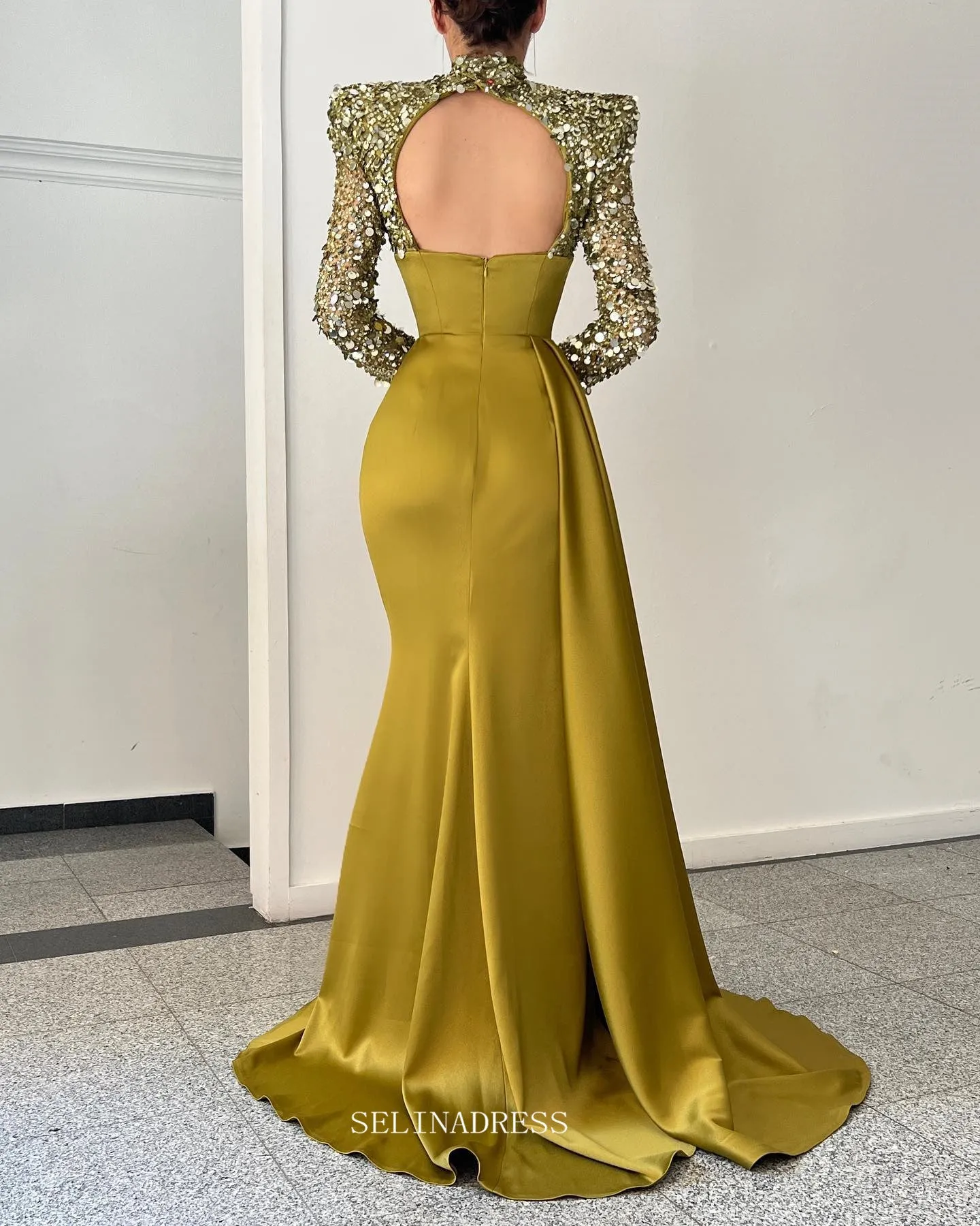 Mermaid High Neck Mustard Yellow African Prom Dress Sequins Long Evening Gowns Formal Dress #POL121