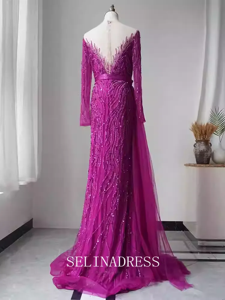 Mermaid Scoop Neck Beaded Long Prom Dress Long Sleeve Evening Formal Gown EWR107