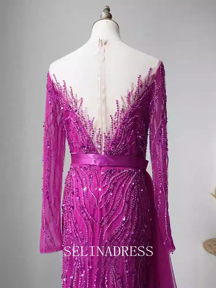 Mermaid Scoop Neck Beaded Long Prom Dress Long Sleeve Evening Formal Gown EWR107