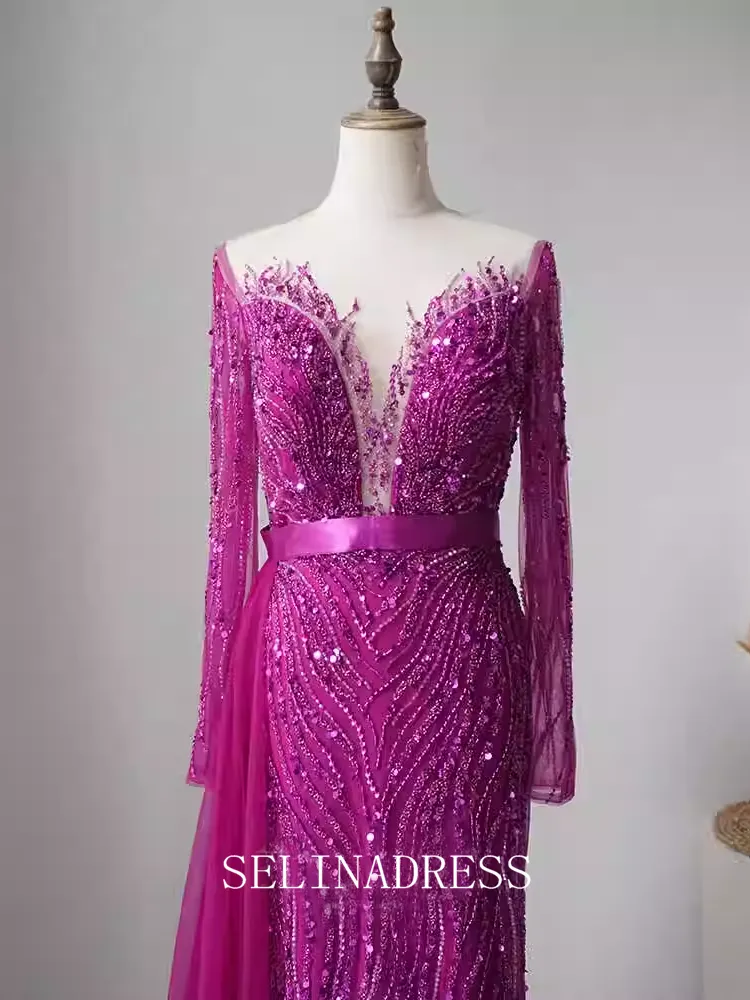 Mermaid Scoop Neck Beaded Long Prom Dress Long Sleeve Evening Formal Gown EWR107