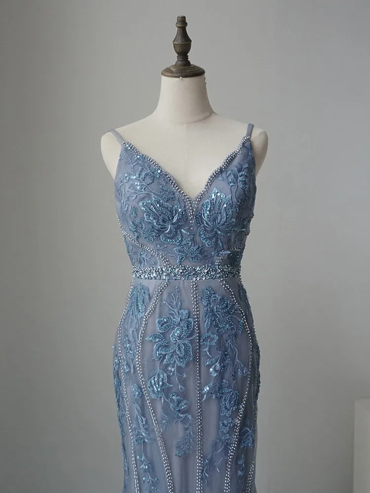 Mermaid Spaghetti Straps Backless Blue Prom Dress Beaded Long Evening Dresses GKF007